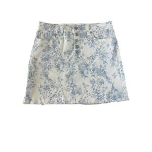 Seven7 Weekend Denim Skirt Floral Toile Print Cottagecore Bridgerton Frayed Hem
